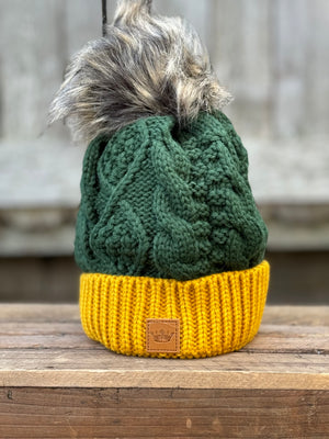 Green & Gold Trim Cable Knit Pom Hat