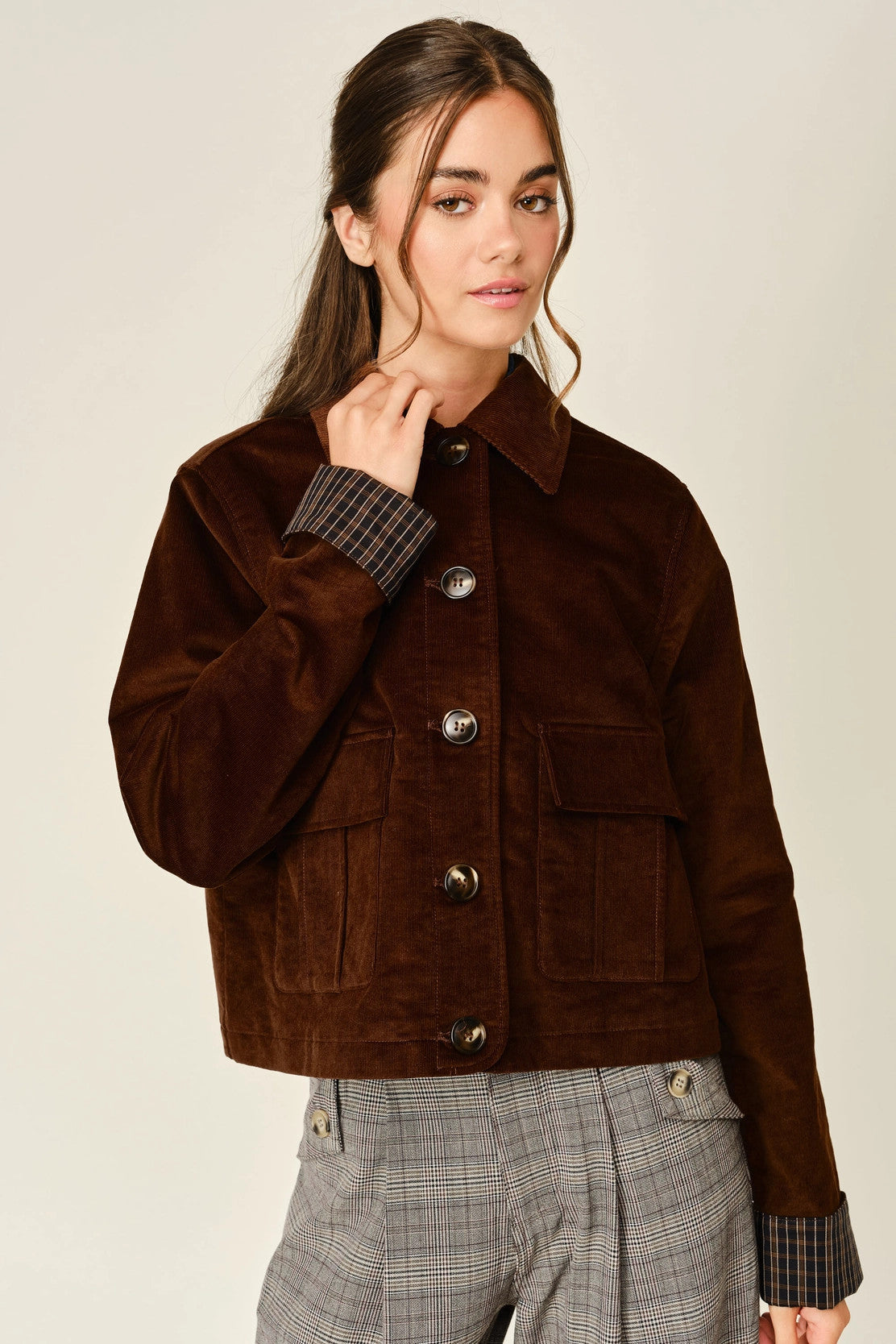 Reese Corduroy Button Plaid Jacket, brown-cuffs