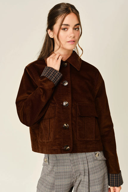 Reese Corduroy Button Plaid Jacket, brown-cuffs