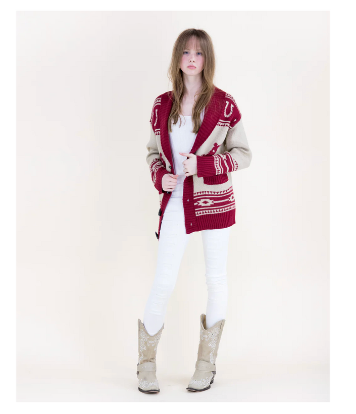 Rodeo Desert Shawl Collar Cardigan burgandy front