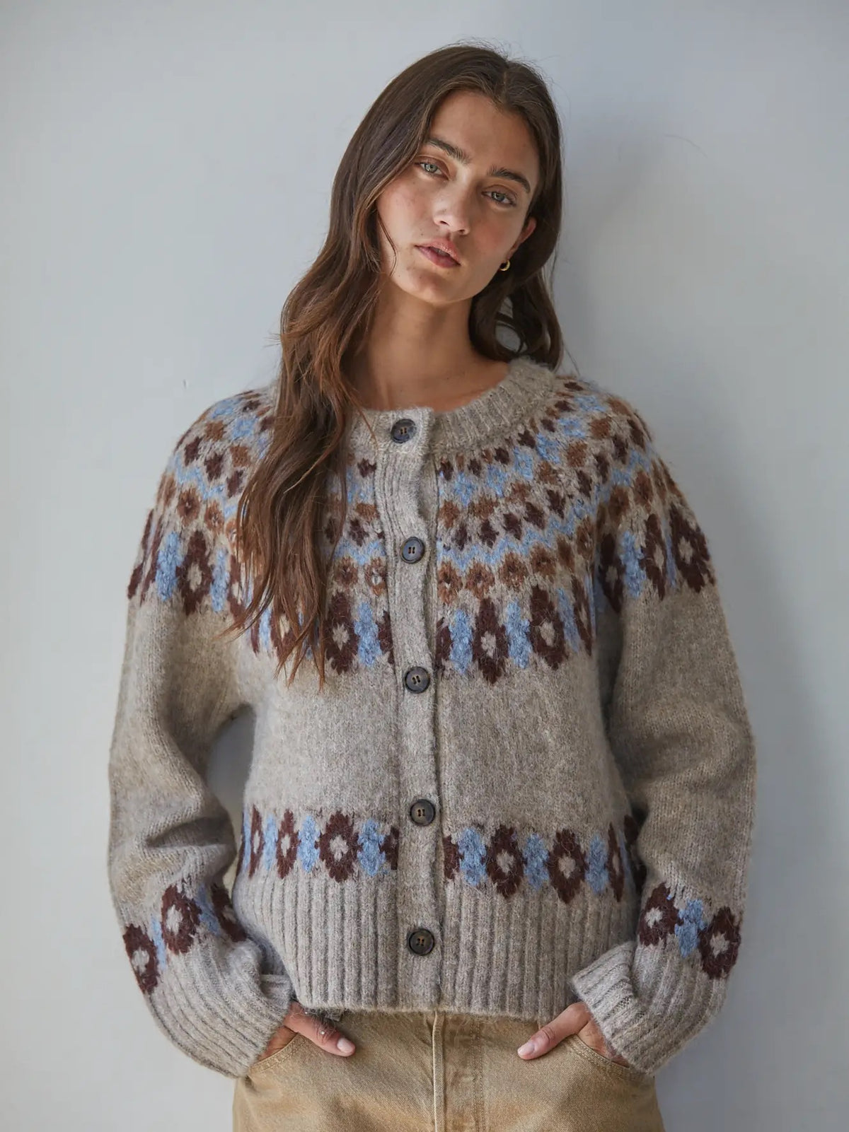 Knit Sweater Fair Isle Long  Sleeve Cardigan Mocha Blue