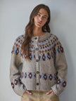 Knit Sweater Fair Isle Long  Sleeve Cardigan Mocha Blue