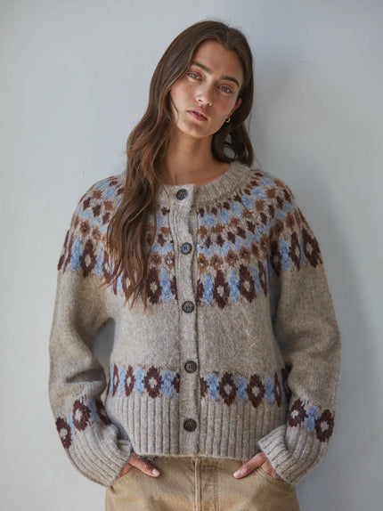 Knit Sweater Fair Isle Long  Sleeve Cardigan Mocha Blue