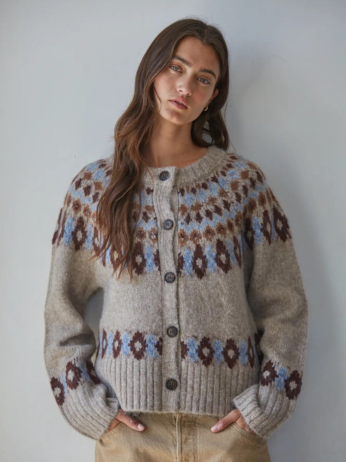 Knit Sweater Fair Isle Long  Sleeve Cardigan Mocha Blue