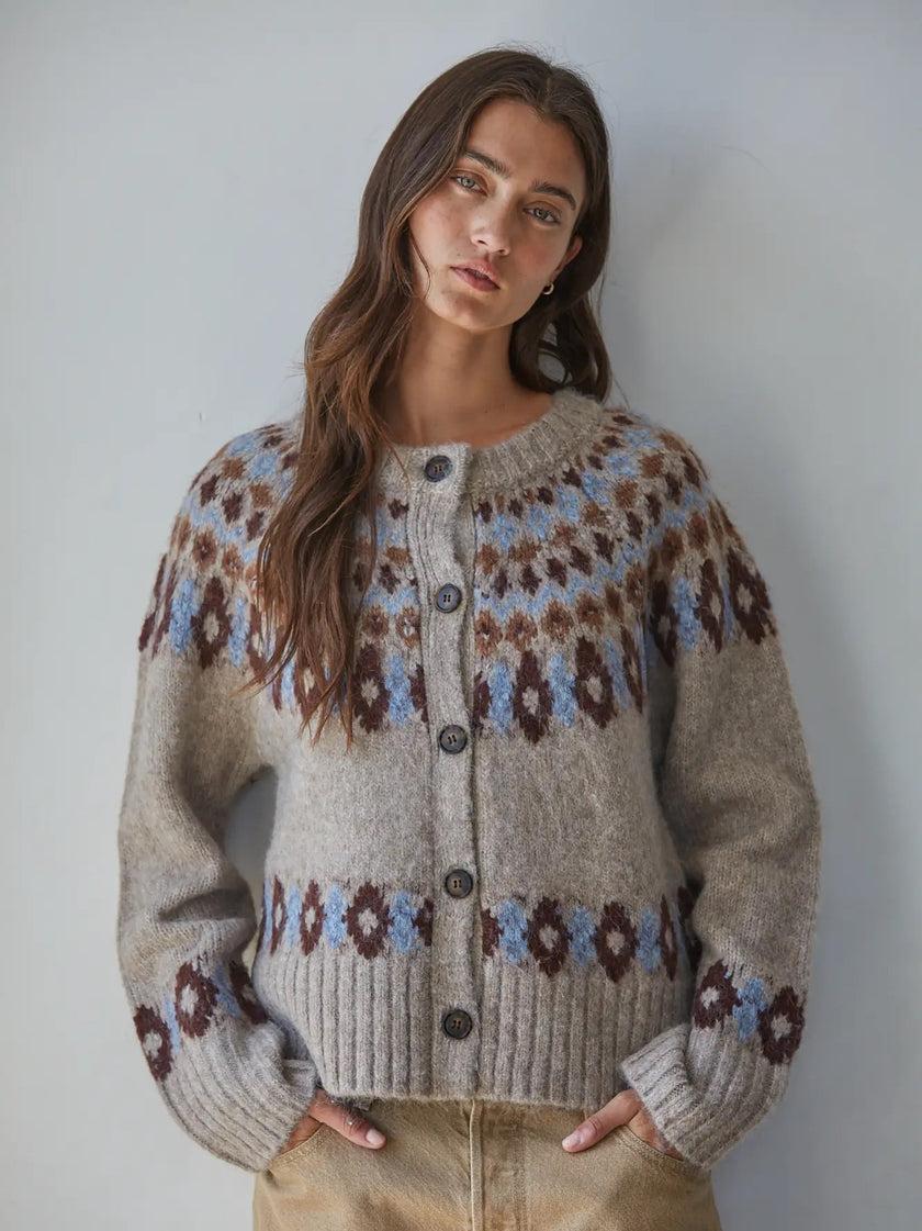 Knit Sweater Fair Isle Long  Sleeve Cardigan Mocha Blue