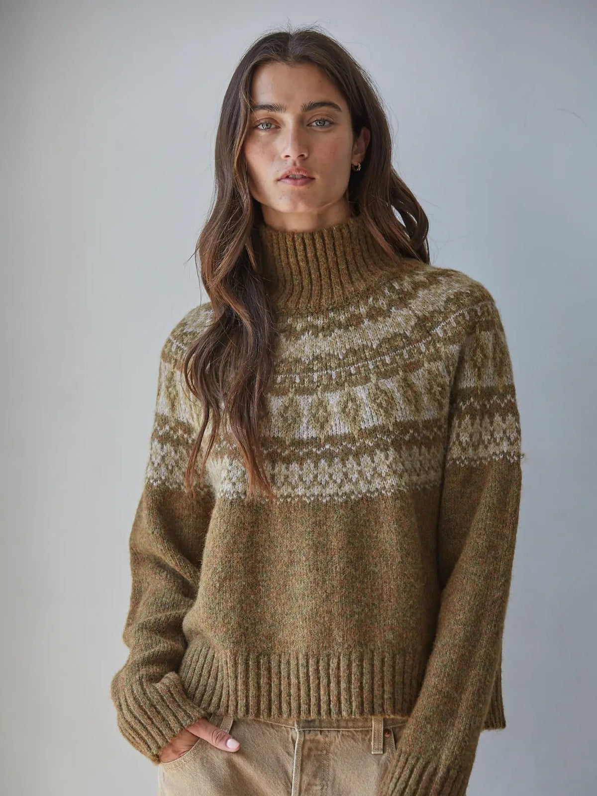 Knit Sweater Fair Isle Mock  Neck Pullover - Olive Brown