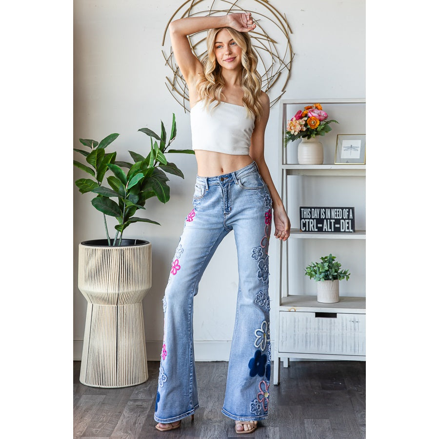 WASHED FLOWER EMBROIDERY DENIM PANTS