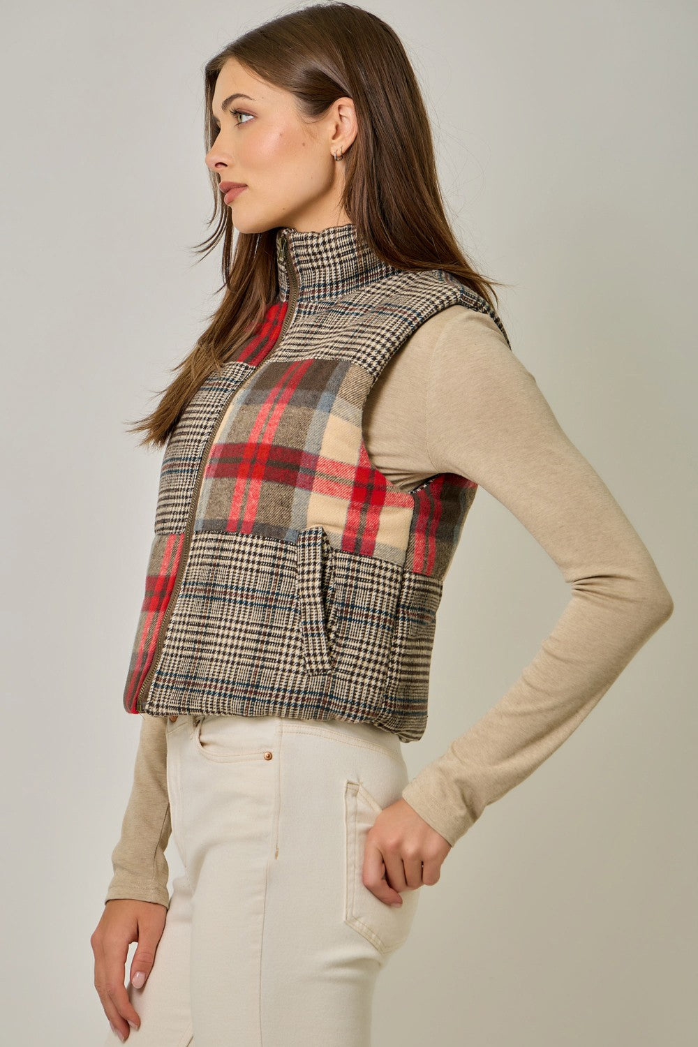 Janet Mixed Puffer Vest, brown-side
