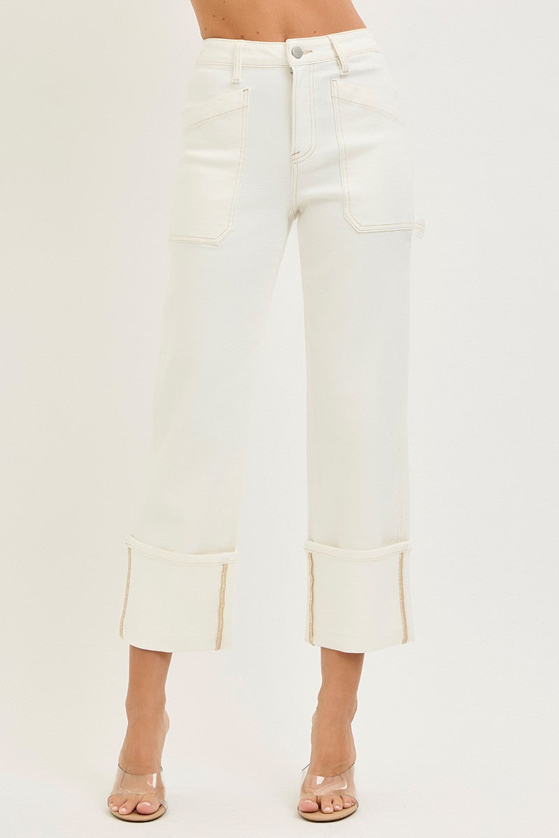 High Rise Straight Turn Up Cuffed Patch Pocket cream front
