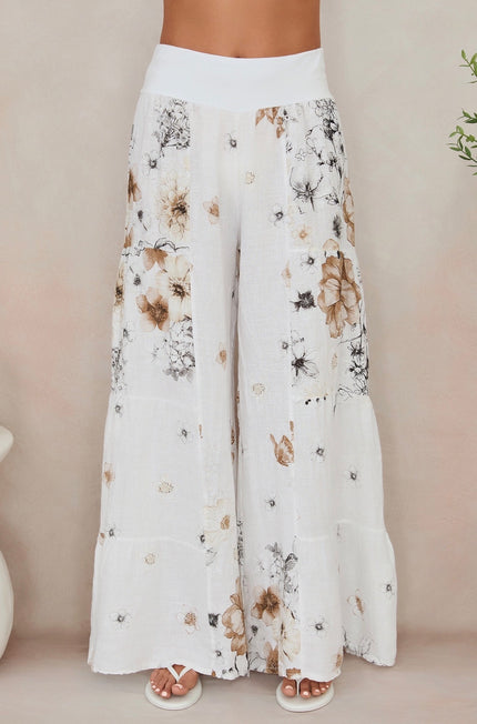 Garden Floral Linen Tiered Pant,camel/white-front