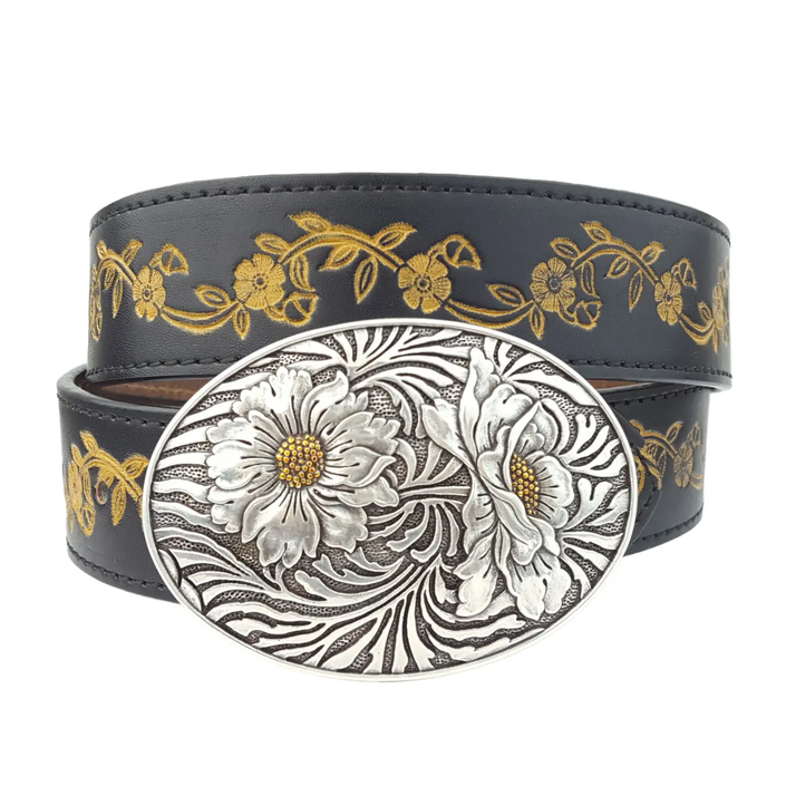 Popular Sunflower Buckle with Vintage Floral Tooled Belt black