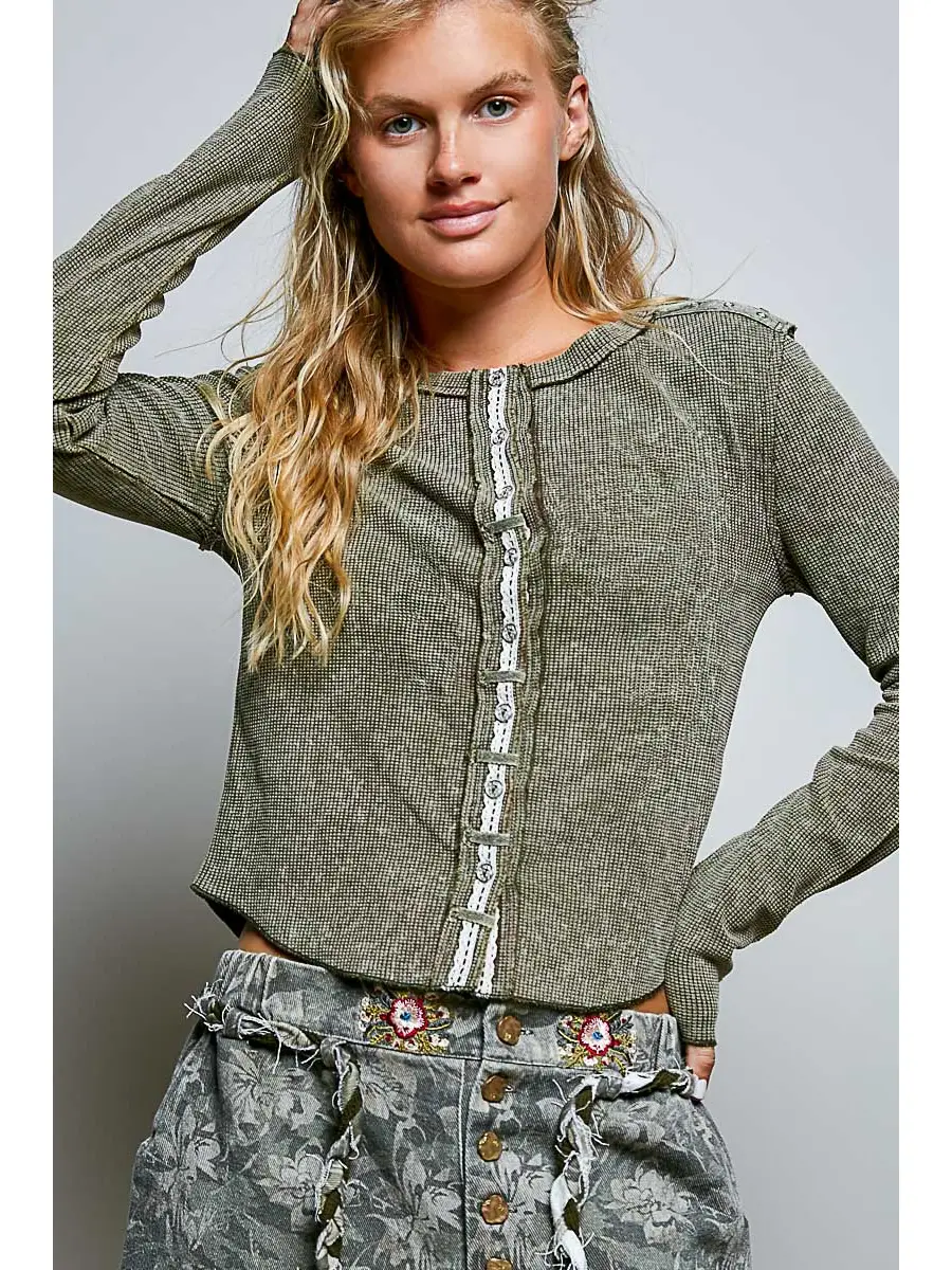 Vintage Solid Metal Button Down Thermal Top