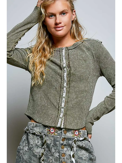 Vintage Solid Metal Button Down Thermal Top