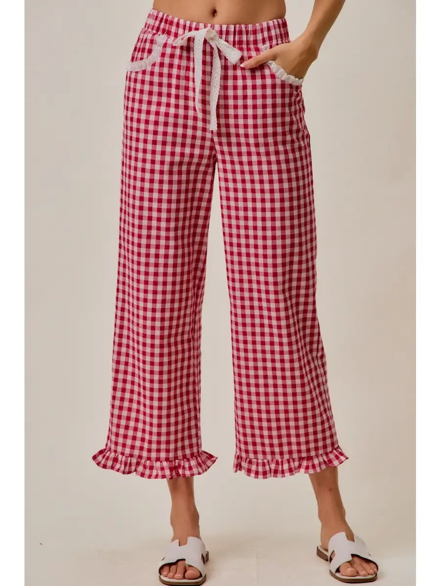Ruffled Bottom Gingham Lace Trim Pant, Red Check