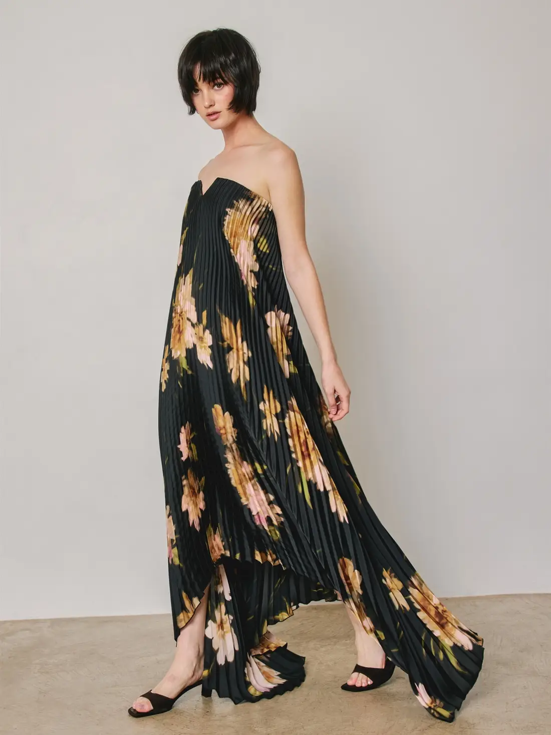 Floral Strapless Pleated Maxi Column Dress