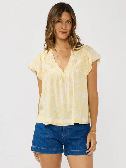 Jammie Flutter V-Neck Floral Top, yellow cream-front