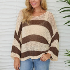 Striped Crew Neck Open Knit Crochet Top