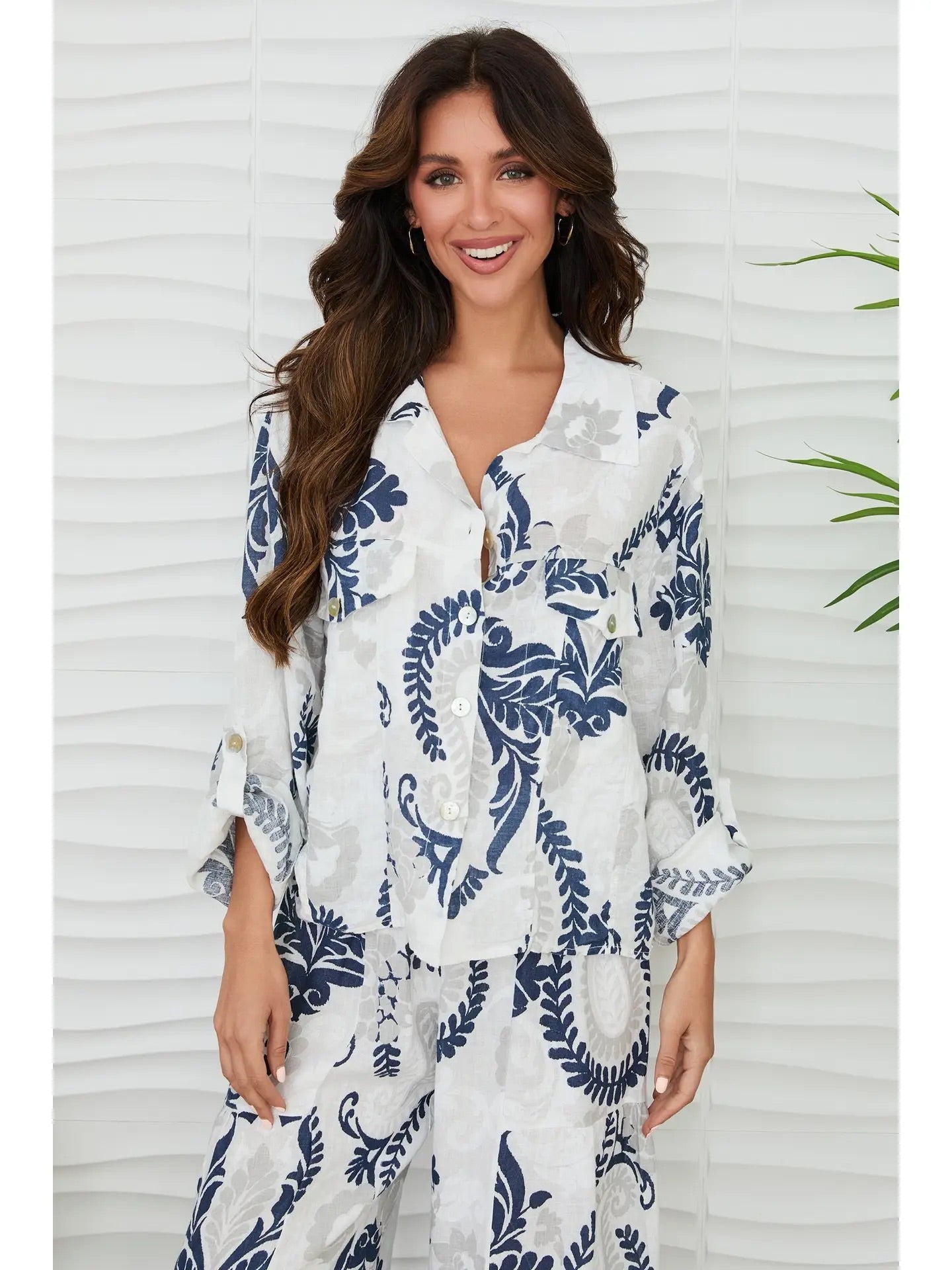 Paisley Print Linen Button Down Top with Pockets