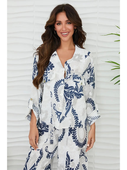 Paisley Print Linen Button Down Top with Pockets