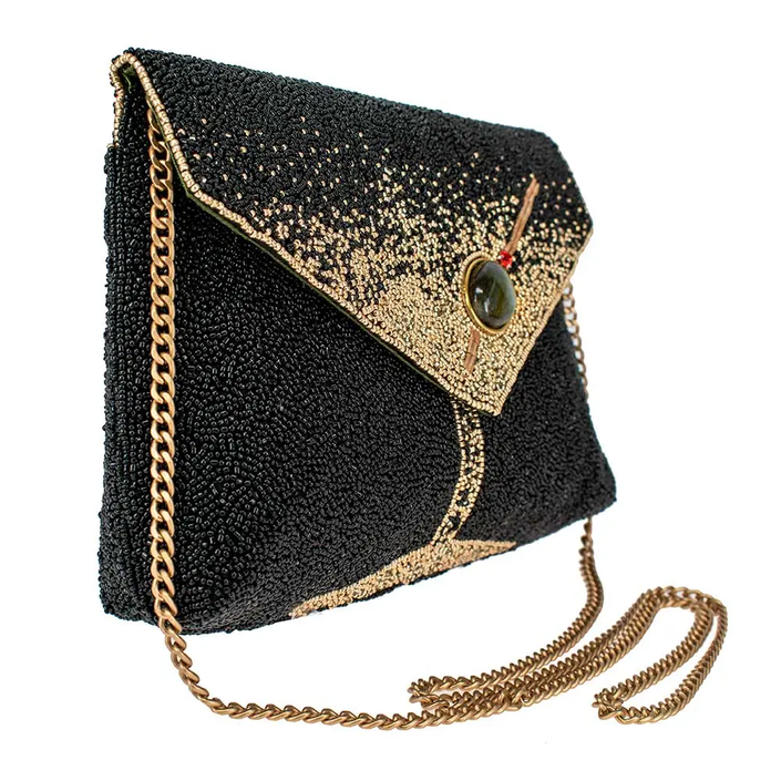 Olive You Beaded Martini Glass Crossbody Clutch, black/gold beading-side angle