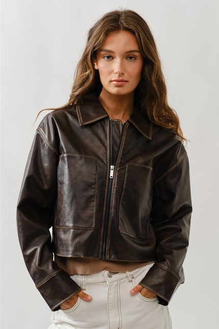 Vintage Washed Leather Jacket brown front