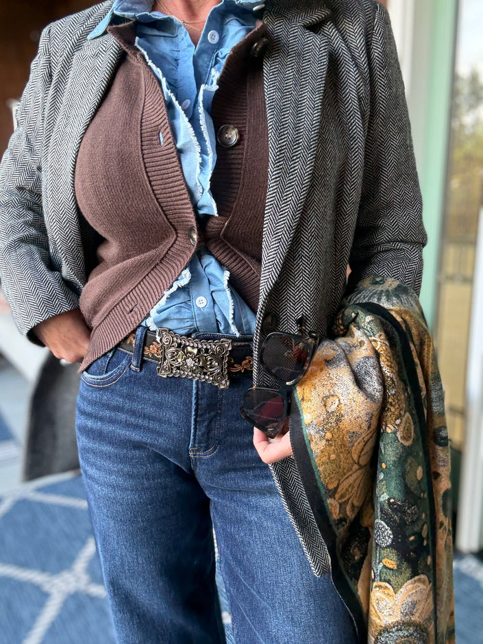 button down ruffle denim top styled close up