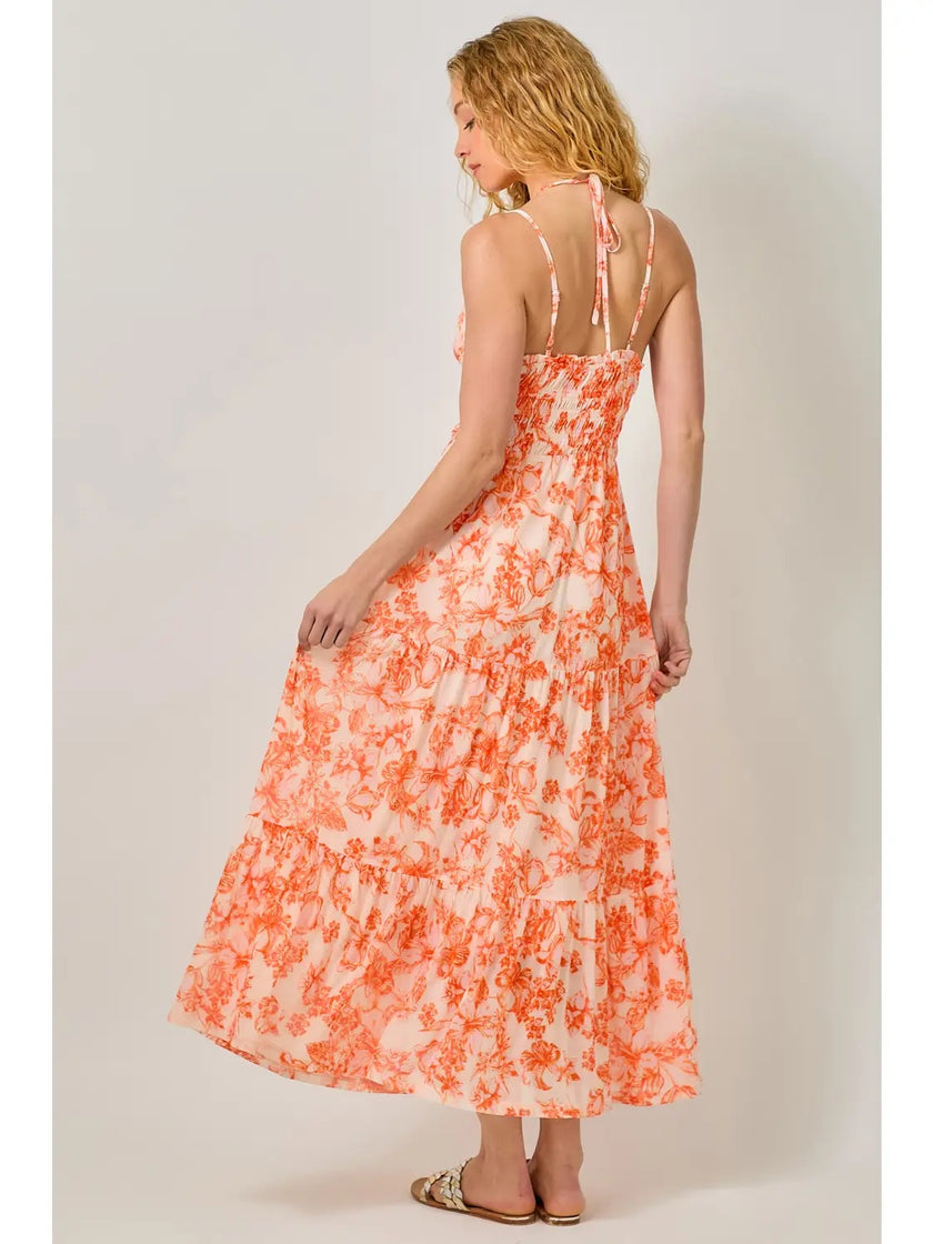 Printed Mesh Long Tiered Dress