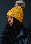 Mustard Diamond Cable Knit Pom Hat