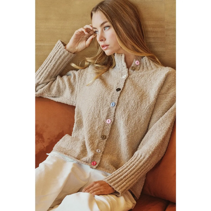 Soft Breeze Contrast Trim Button Cardigan, butter-front
