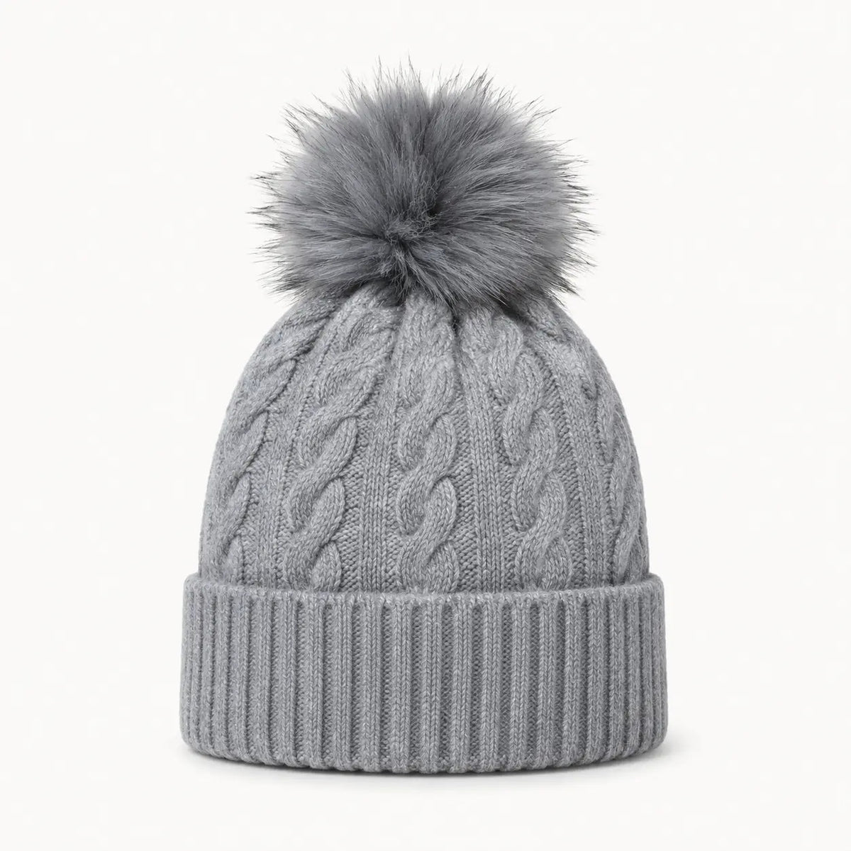 Cable Knit Pom Beanie-Gray