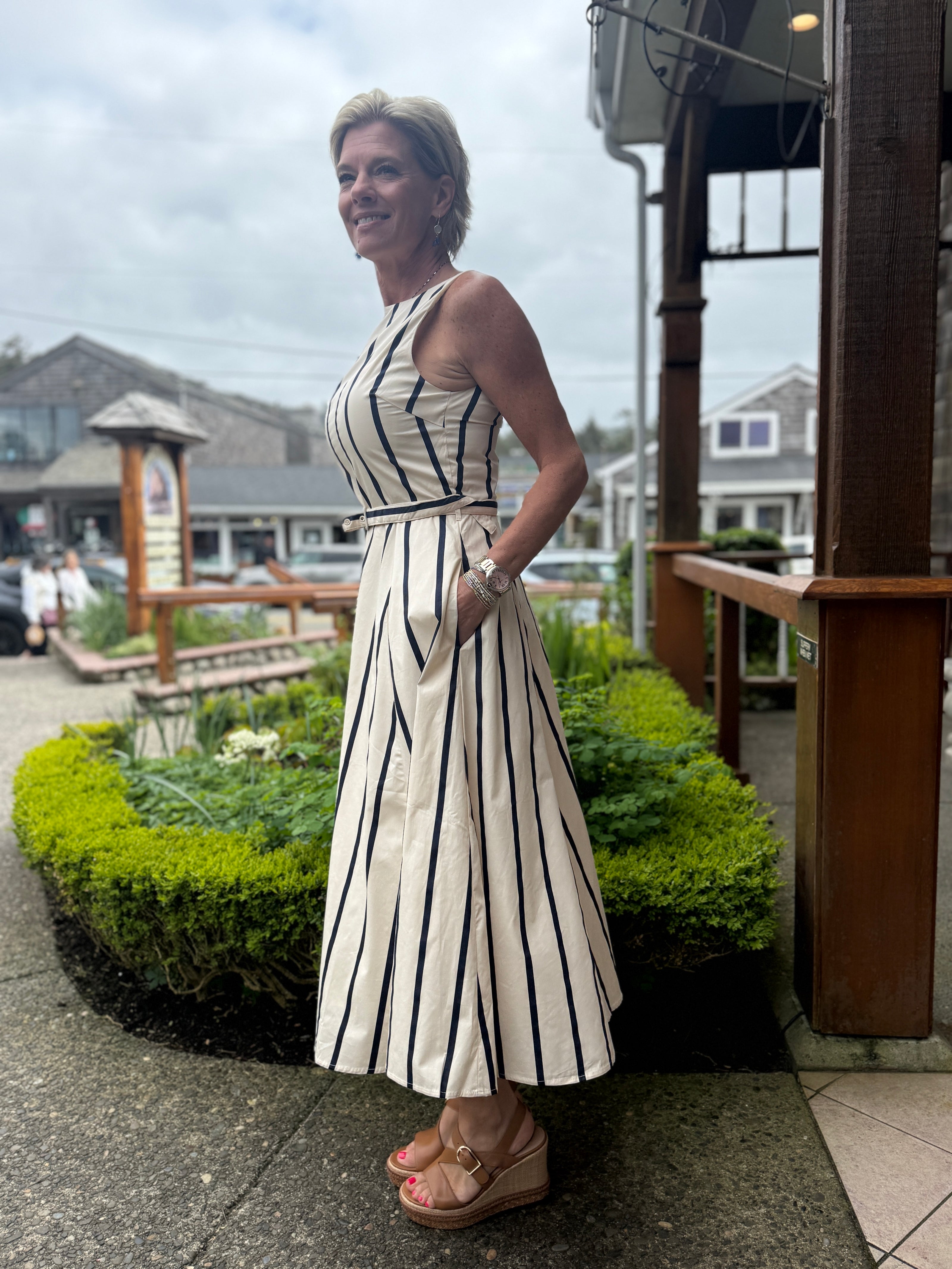 Agatha Striped Midi Dress, ecru navy-side