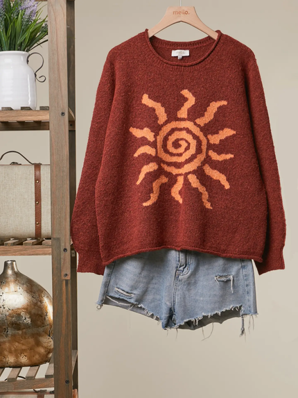 Spiral Sun Embroidered Sweater, brick-front