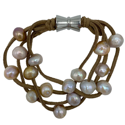 603-09-22-S | TAN SUEDE 4-STRAND MULTI PEARL BRACELET