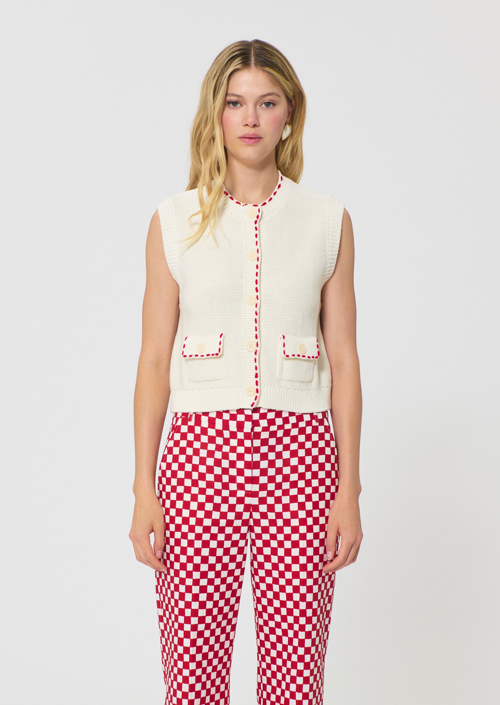 Gill vest ecru cotton, ecru/red-front