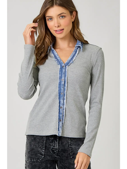 WASHED RIB THERMAL BUTTON DOWN TOP