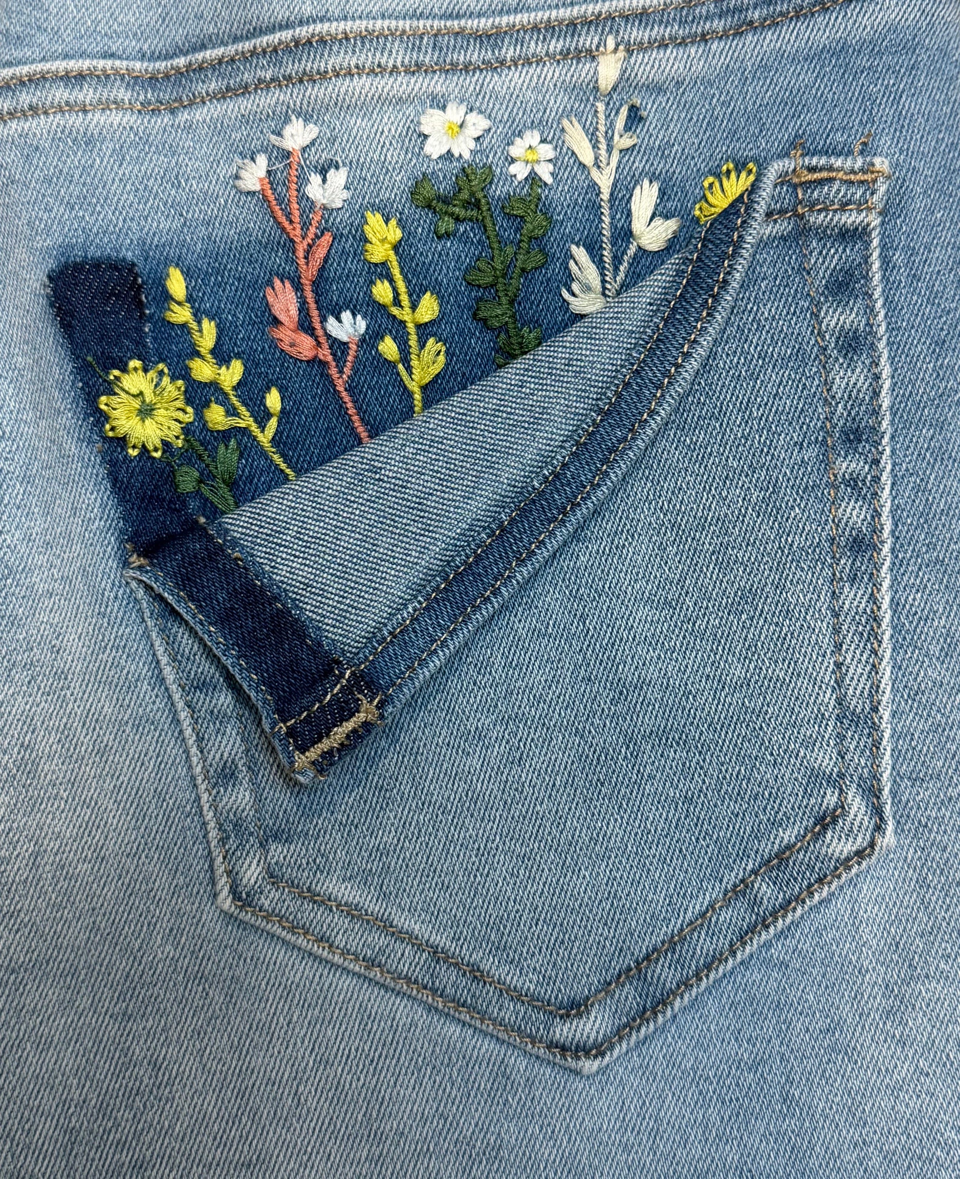 High Rise Embroidered Wide Leg embroidered pocket close up