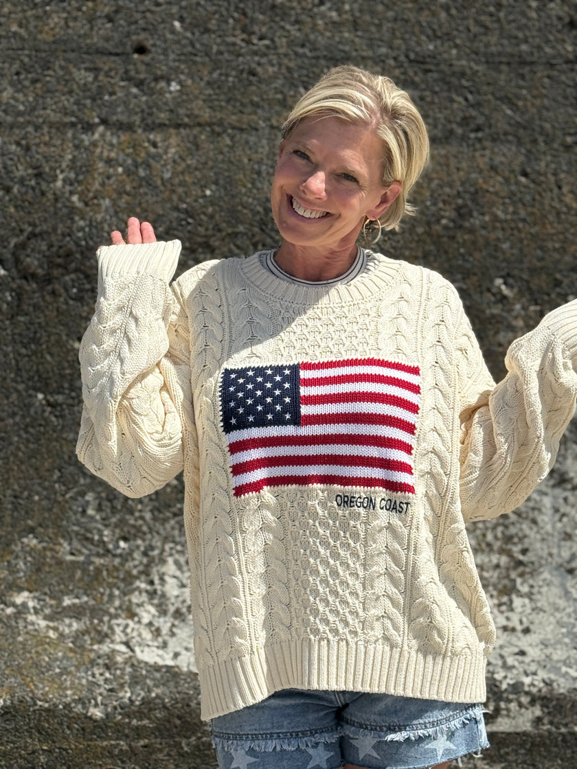 Coastal Spirit Cable Knit Flag Sweater ivory front