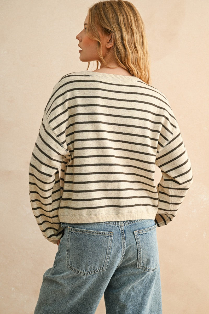 Striped Patter Soft Knit Top oatmeal/charcoal back
