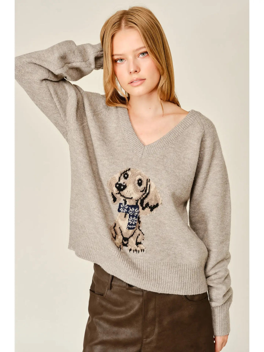 Dog Graphic V-Neck Sweater