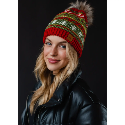 Red, Green & White Christmas Pattern Pom Hat