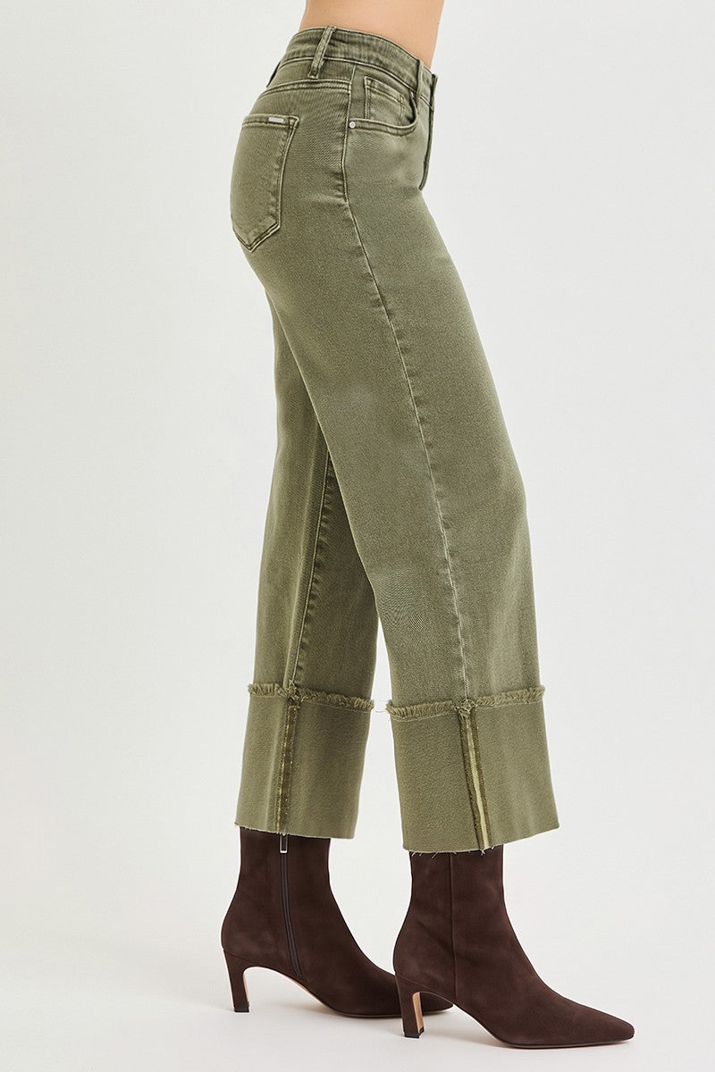 Tummy Control Mid Rise Crop Wide Leg Wide Cuffed Pants