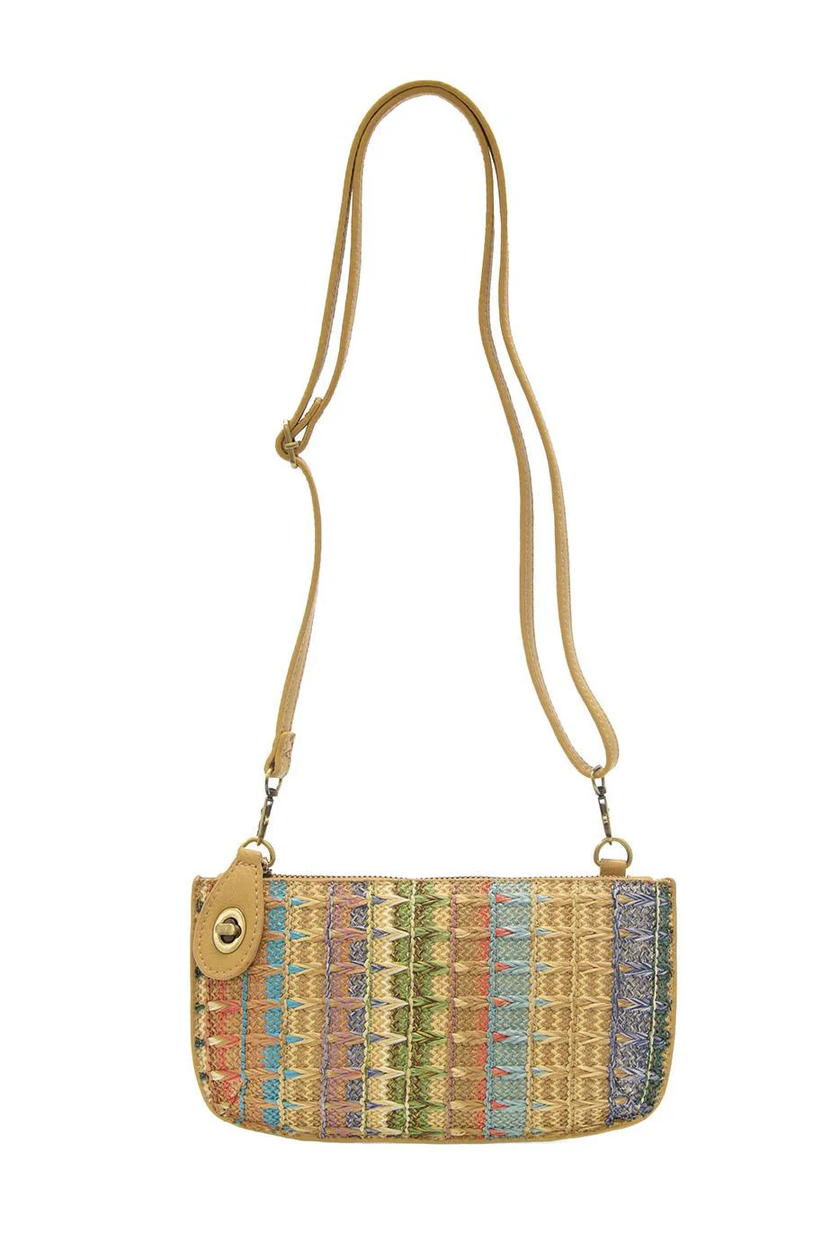 Straw Mini Wristlet Crossbody Clutch neutral multi with strap