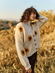 Sunflower Embroidered V Neck Cardigan, cream-side/front