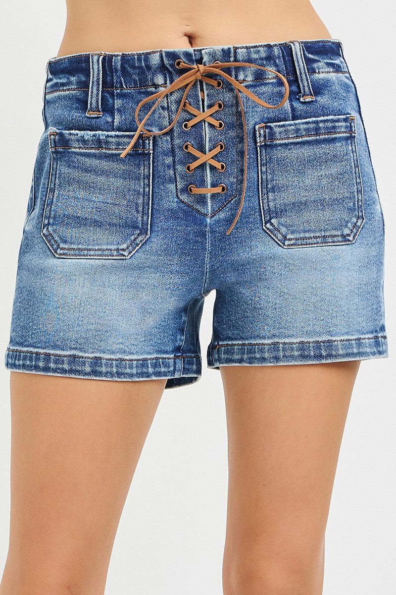 High Rise Front Tie-Up Shorts with Patch Pockets