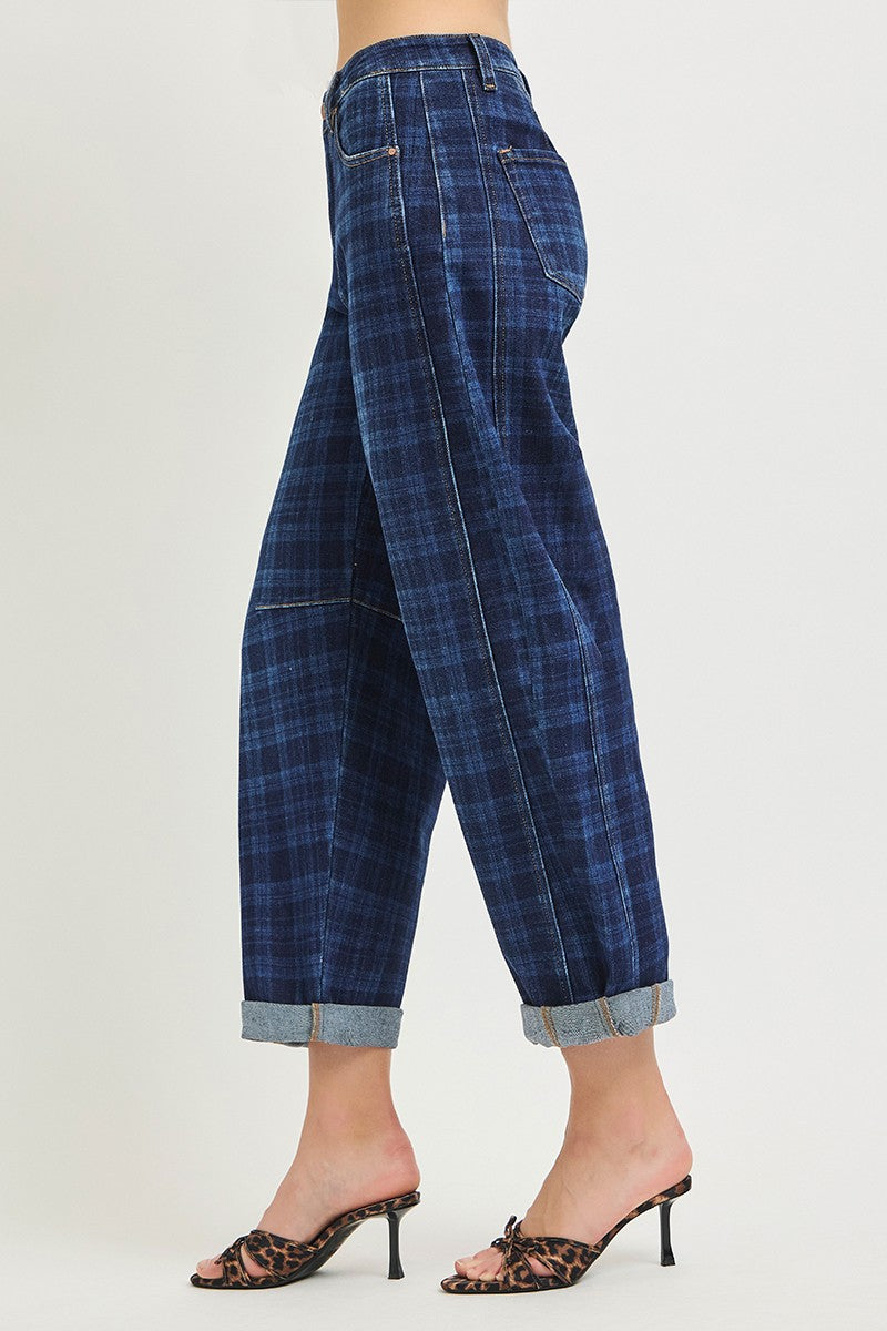Slouchy Crop Barrel Cuffed Plaid Jeans, plaid dark-side