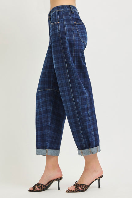 Slouchy Crop Barrel Cuffed Plaid Jeans, plaid dark-side