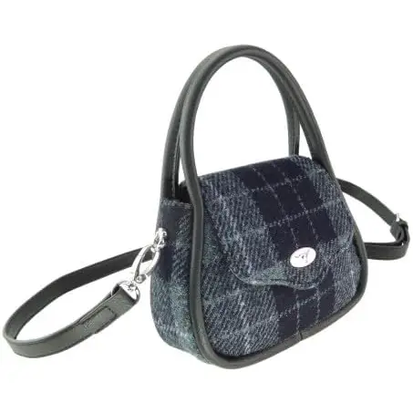 Harris Tweed Buchan Round Mini Handbag - Tartan Style | Grey & Black Tartan