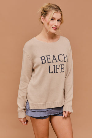 Round Neck Long Sleeve Lt Weight Sweater Beach Life