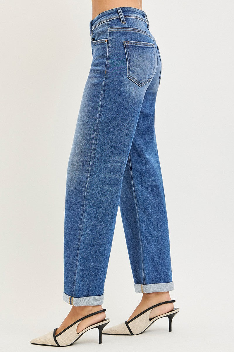 High Rise Relaxed Fit Ankle Straight Jeans Cuff