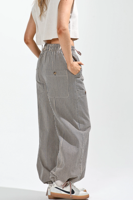 Elastic Waist VIntage Washed Stripe Pants latte back/side